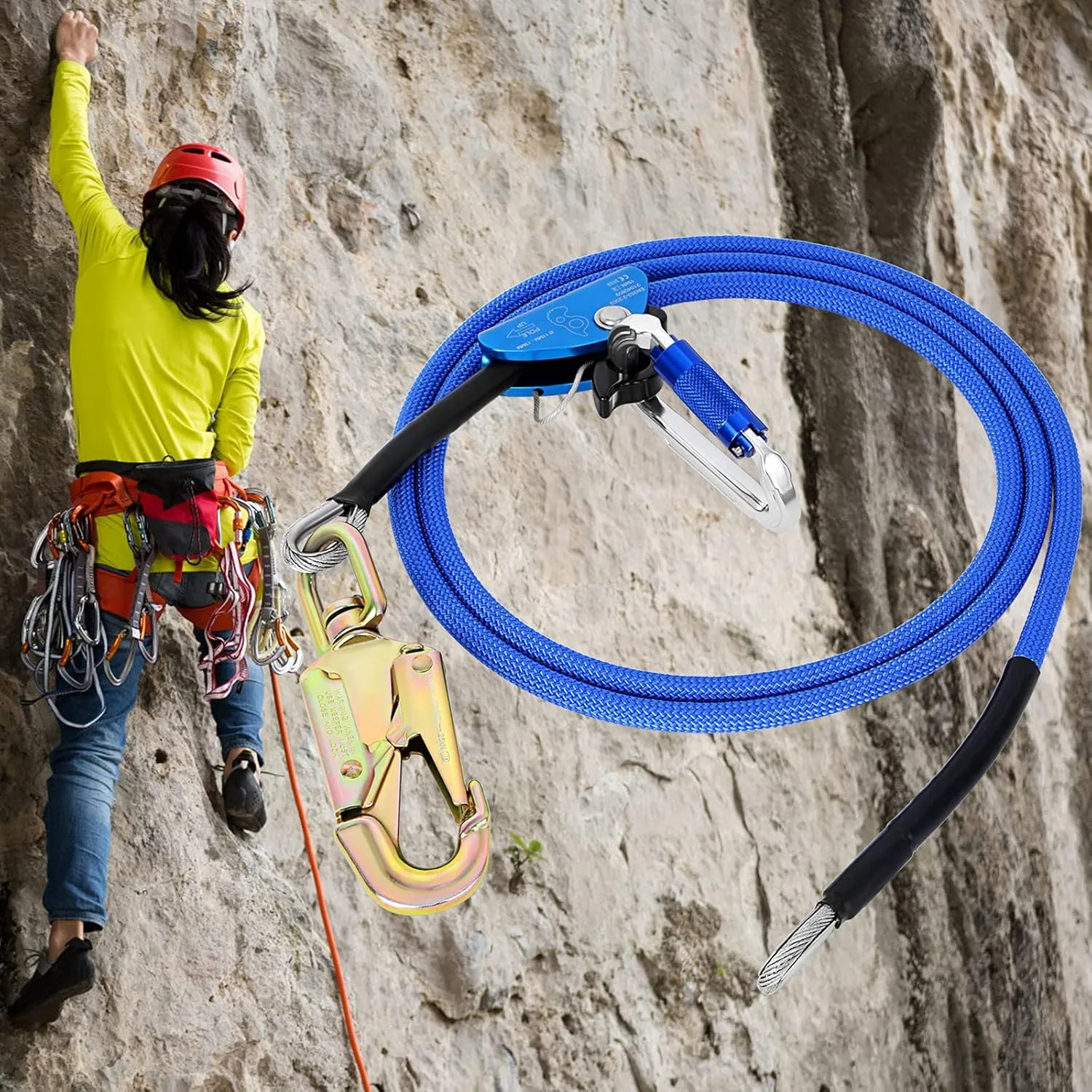 Flip Line, Wire Core Flipline 1/2" X 12', Wire Core Flip Line Kit with Triple Lock Carabiner Adjuster, Steel Swivel Snap, Climbing Flipline for Fall Protection, Arborist, Tree Climbers, Blue