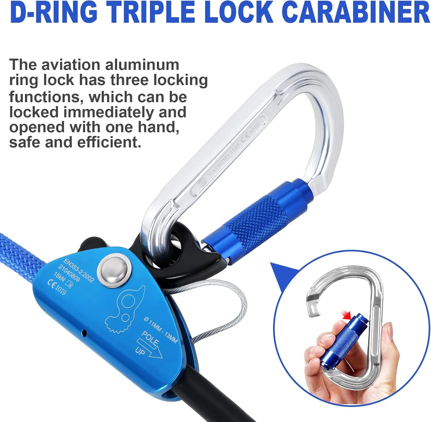 Flip Line, Wire Core Flipline 1/2" X 12', Wire Core Flip Line Kit with Triple Lock Carabiner Adjuster, Steel Swivel Snap, Climbing Flipline for Fall Protection, Arborist, Tree Climbers, Blue