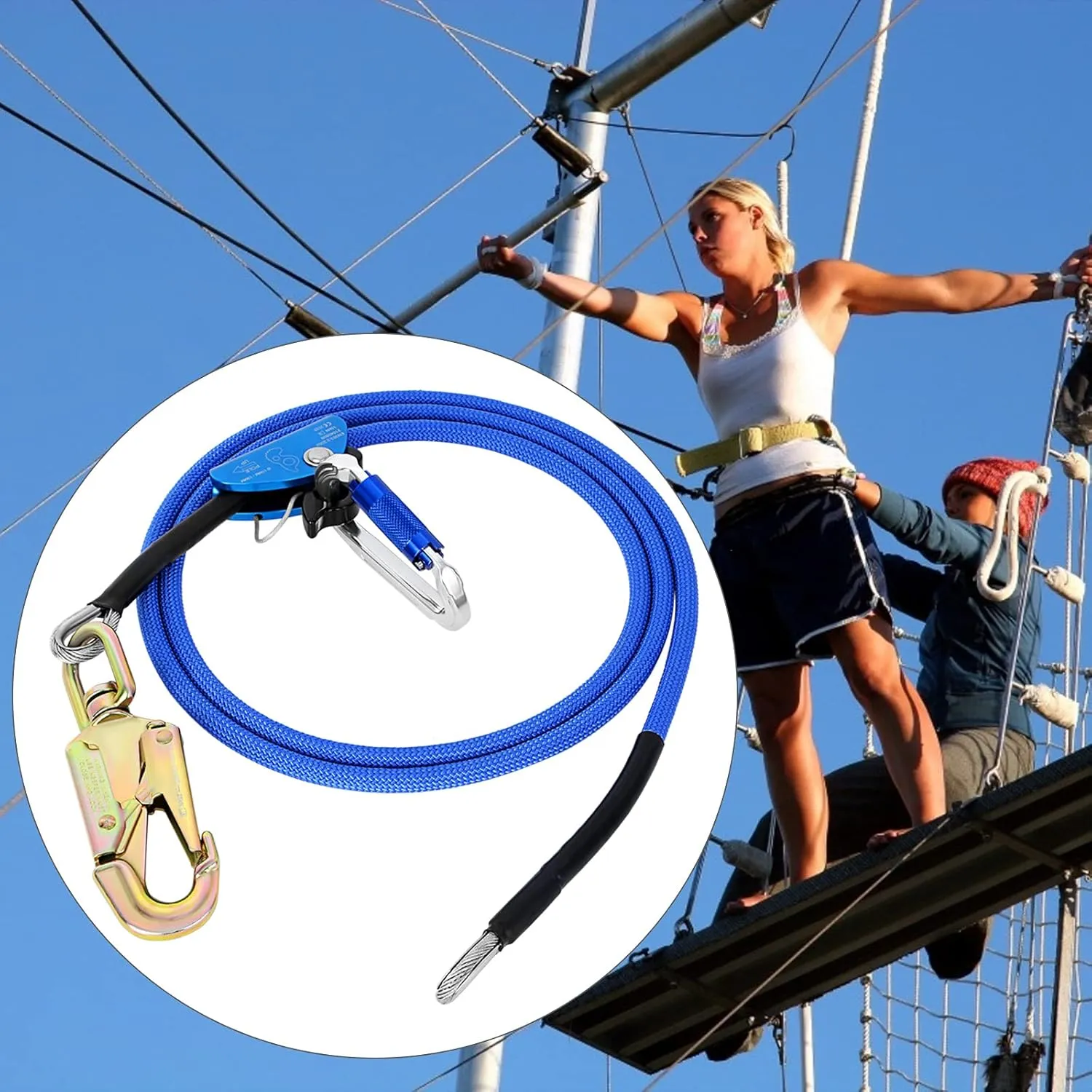 Flip Line, Wire Core Flipline 1/2" X 12', Wire Core Flip Line Kit with Triple Lock Carabiner Adjuster, Steel Swivel Snap, Climbing Flipline for Fall Protection, Arborist, Tree Climbers, Blue