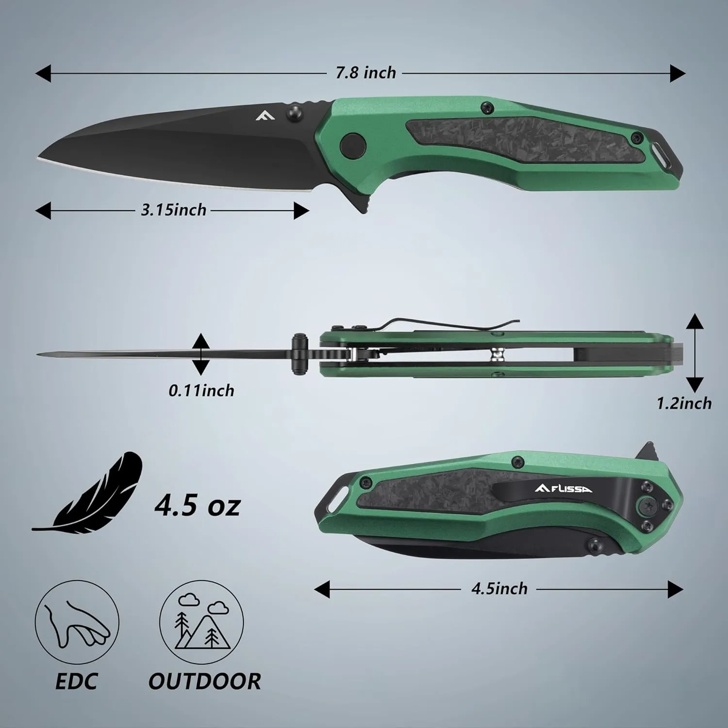 FLISSA Folding Pocket Knife, EDC Knife with SANDVIK 14C28N Steel Blade,Shredded Carbon Fiber Aluminium Combined Handle, Pocket Clip and Thumb Stud for Camping Hiking Outdoor(Green)