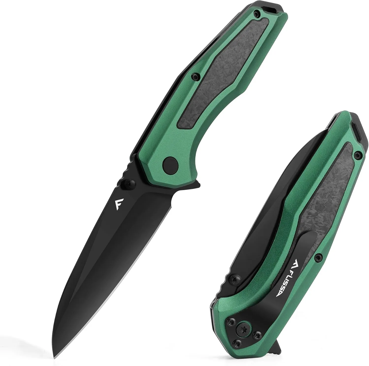 FLISSA Folding Pocket Knife, EDC Knife with SANDVIK 14C28N Steel Blade,Shredded Carbon Fiber Aluminium Combined Handle, Pocket Clip and Thumb Stud for Camping Hiking Outdoor(Green)