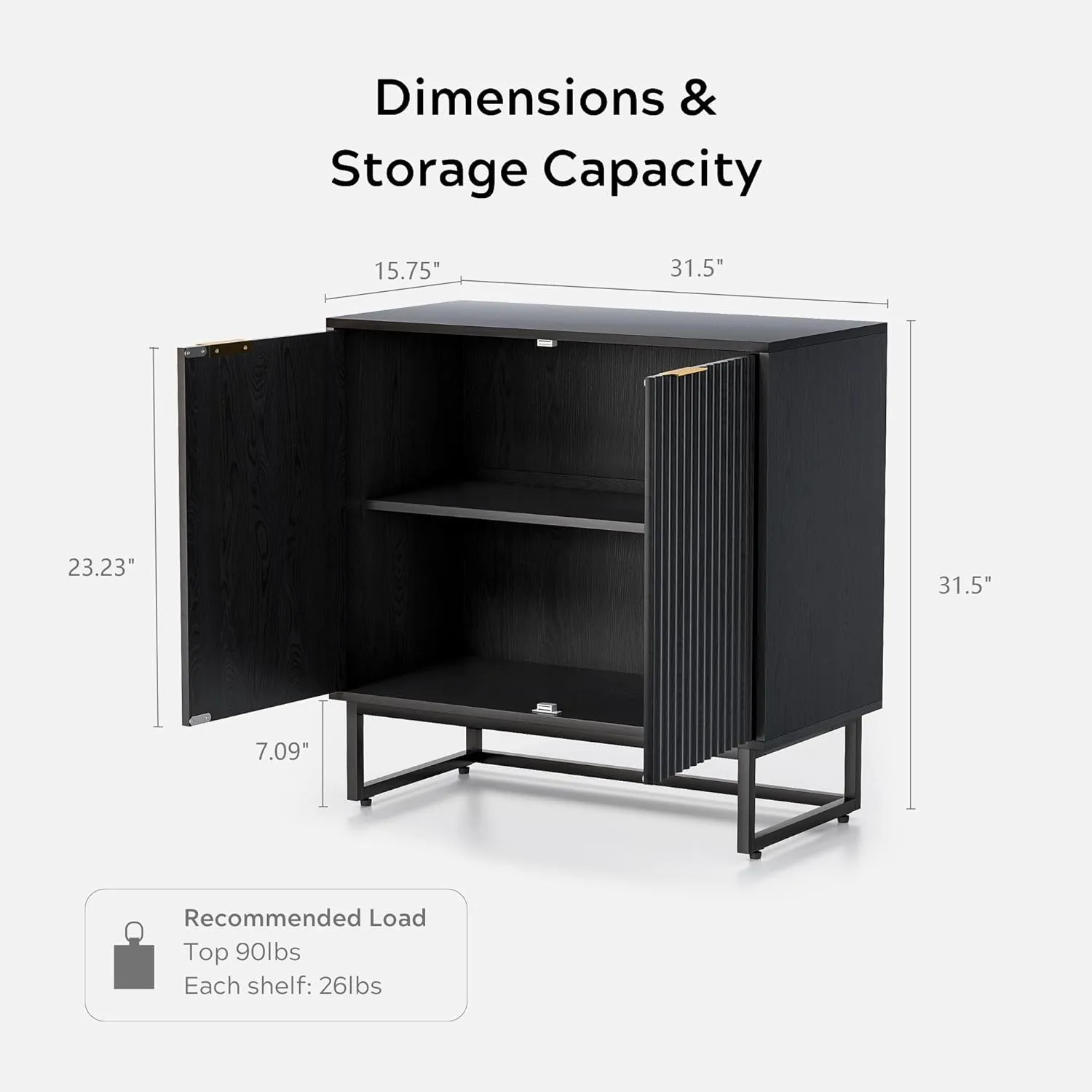 Fluted Storage Cabinet Set of 2, Sideboard Buffet Cabinet Modern Accent Cabinets with Adjustable Shelves, Credenza, Entryway Console Table for Living Room, Black