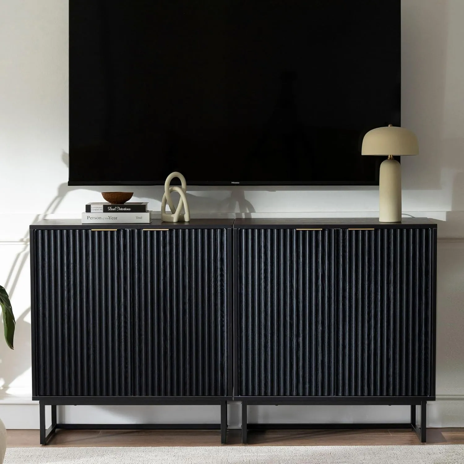 Fluted Storage Cabinet Set of 2, Sideboard Buffet Cabinet Modern Accent Cabinets with Adjustable Shelves, Credenza, Entryway Console Table for Living Room, Black