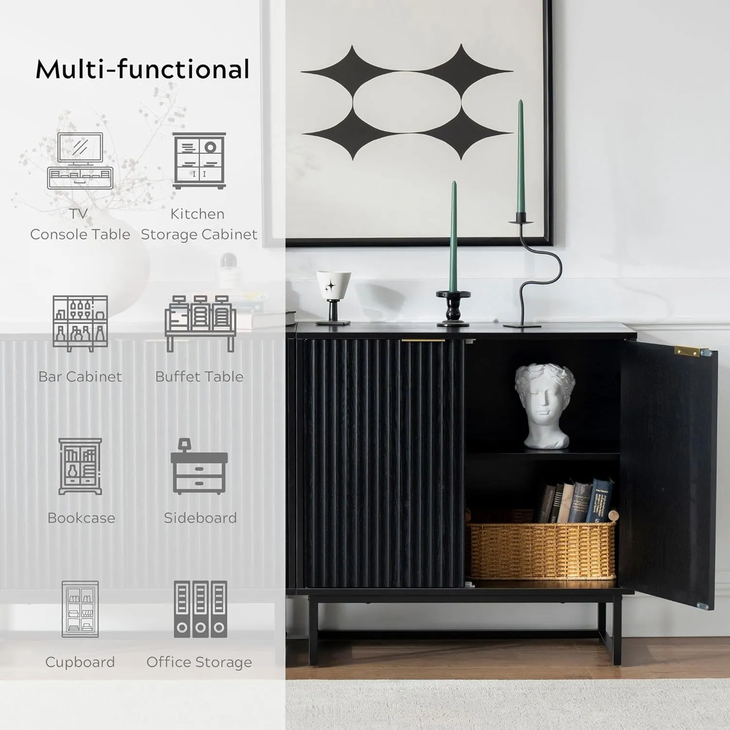Fluted Storage Cabinet Set of 2, Sideboard Buffet Cabinet Modern Accent Cabinets with Adjustable Shelves, Credenza, Entryway Console Table for Living Room, Black