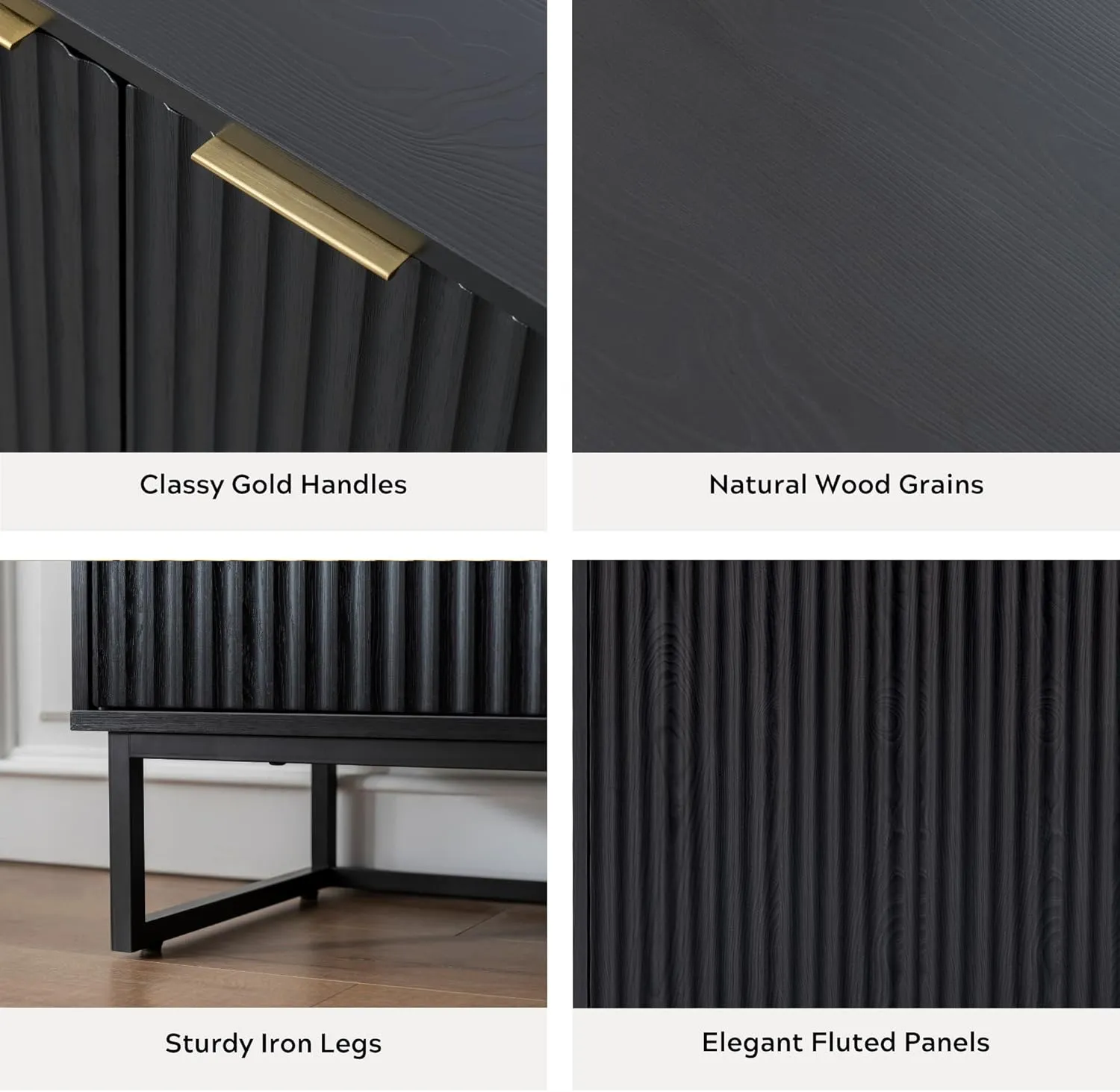 Fluted Storage Cabinet Set of 2, Sideboard Buffet Cabinet Modern Accent Cabinets with Adjustable Shelves, Credenza, Entryway Console Table for Living Room, Black