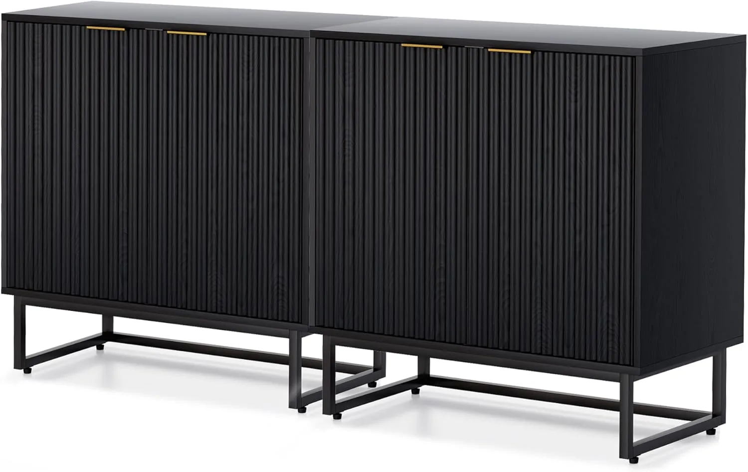 Fluted Storage Cabinet Set of 2, Sideboard Buffet Cabinet Modern Accent Cabinets with Adjustable Shelves, Credenza, Entryway Console Table for Living Room, Black