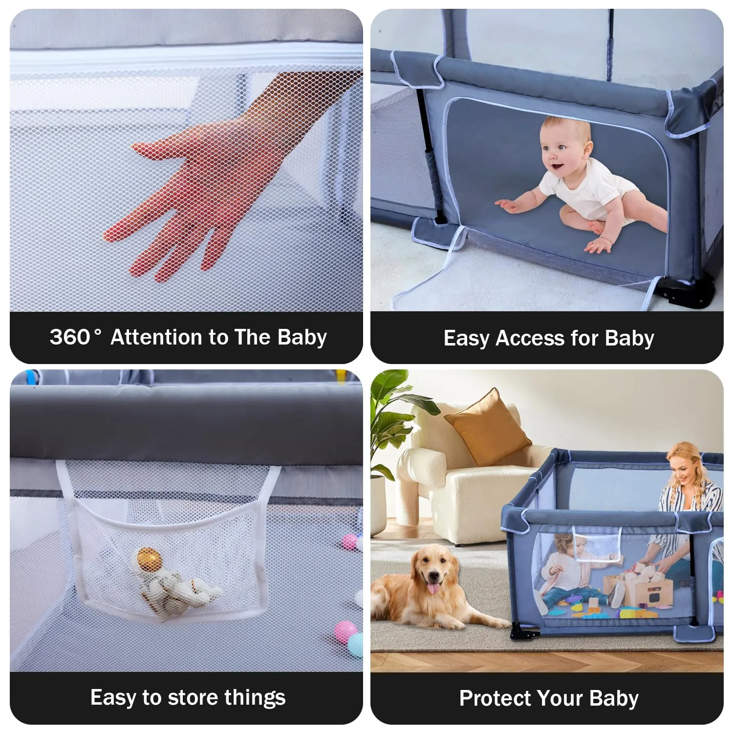 Foldable Baby Playpen 50"X50",Play Pen for Babies and Toddlers, Portable Playpen, Kids Collapsible Play Pen, Indoor & Outdoor Baby Fence with Visible Mesh,Safety Area Travel Play Yard with mat (Grey)