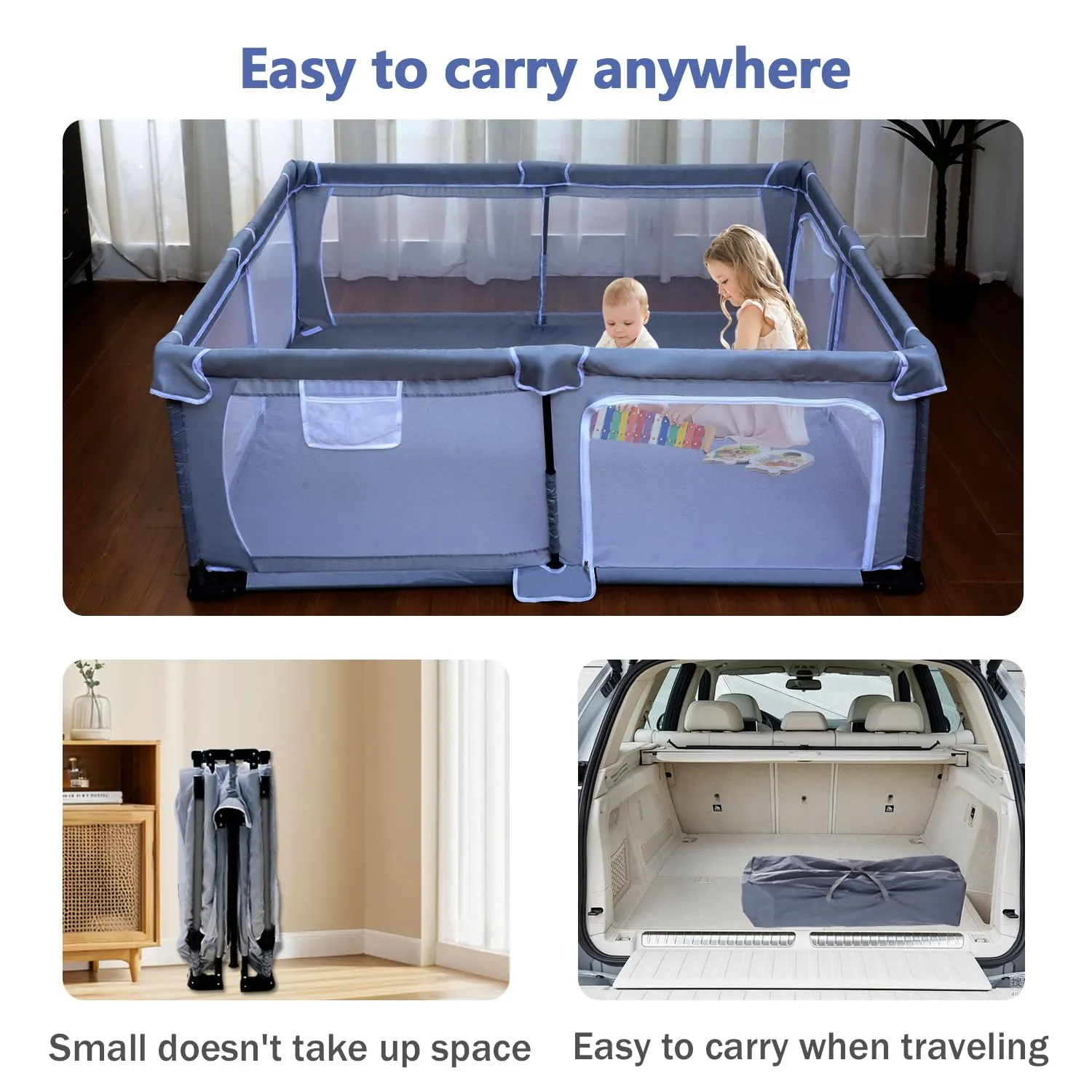 Foldable Baby Playpen 50"X50",Play Pen for Babies and Toddlers, Portable Playpen, Kids Collapsible Play Pen, Indoor & Outdoor Baby Fence with Visible Mesh,Safety Area Travel Play Yard with mat (Grey)
