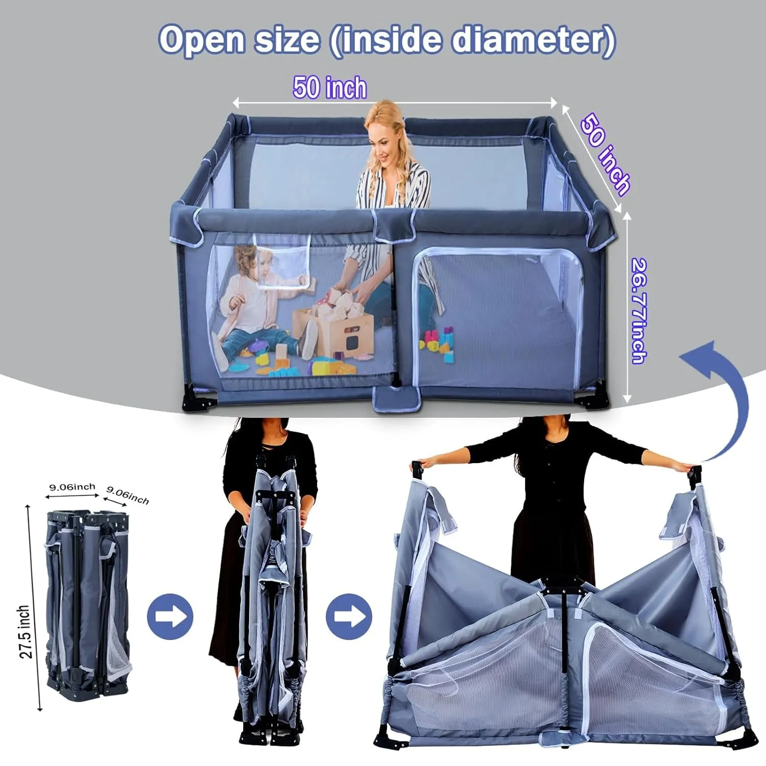 Foldable Baby Playpen 50"X50",Play Pen for Babies and Toddlers, Portable Playpen, Kids Collapsible Play Pen, Indoor & Outdoor Baby Fence with Visible Mesh,Safety Area Travel Play Yard with mat (Grey)