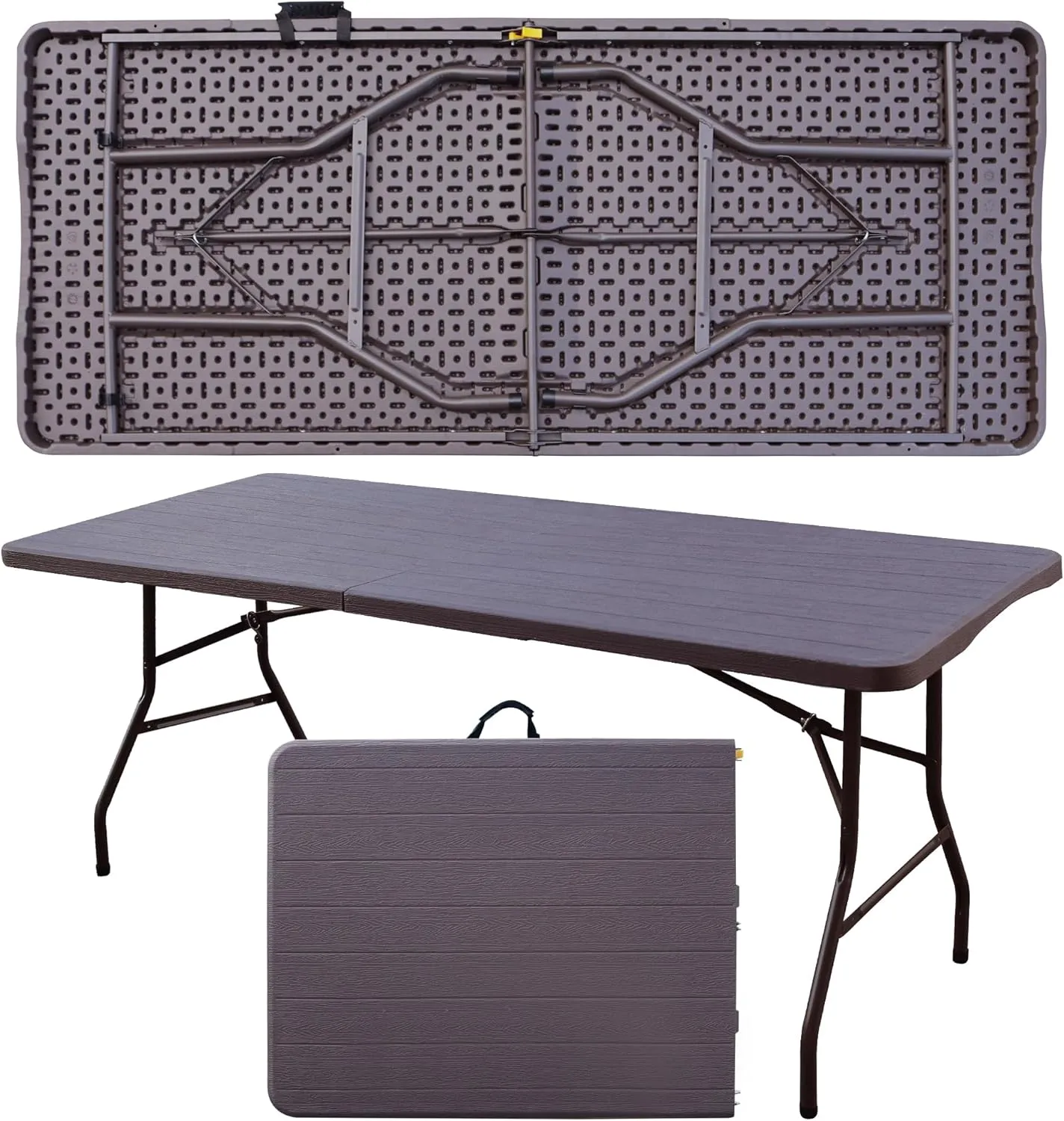 Foldable Table, Plastic 6FT Folding Table, Indoor Outdoor Protable Utility Table with Handle for Party, Camping and Picnic, Brown