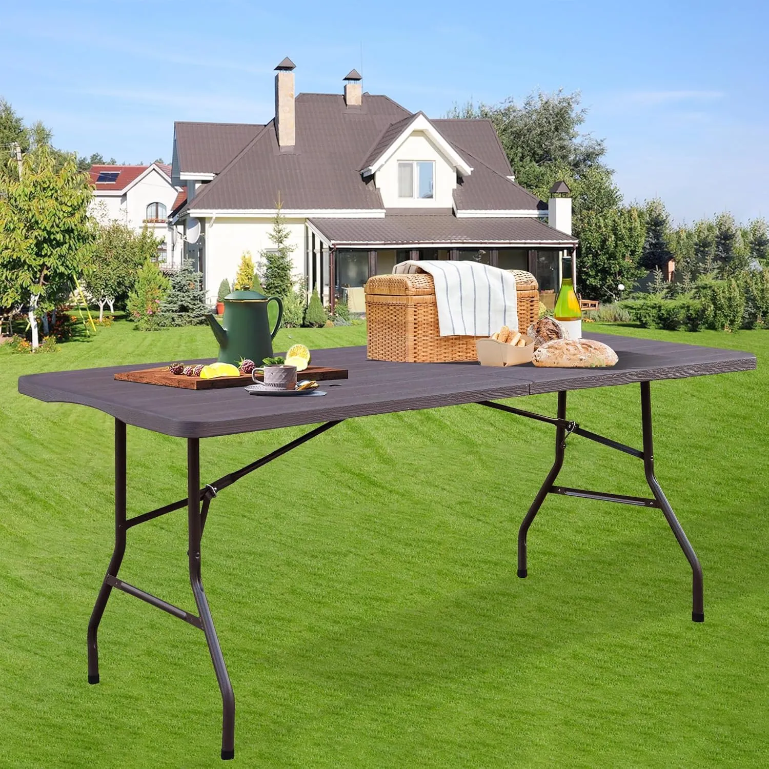 Foldable Table, Plastic 6FT Folding Table, Indoor Outdoor Protable Utility Table with Handle for Party, Camping and Picnic, Brown