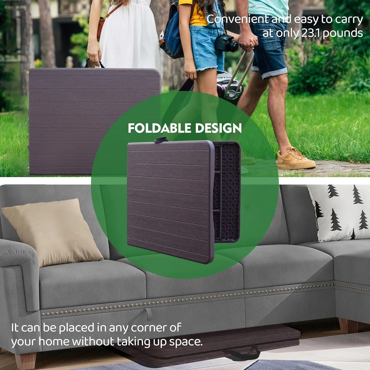Foldable Table, Plastic 6FT Folding Table, Indoor Outdoor Protable Utility Table with Handle for Party, Camping and Picnic, Brown