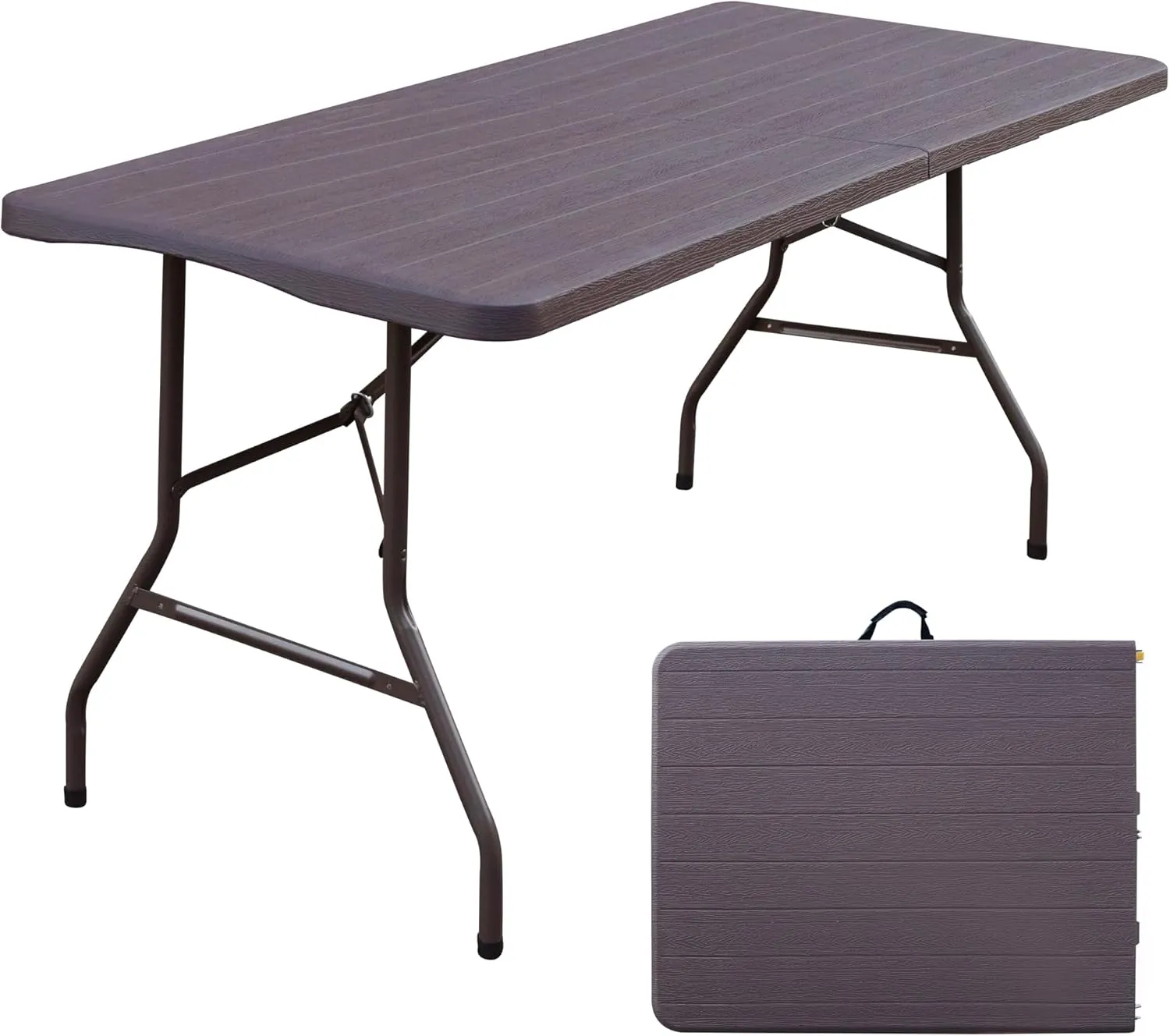 Foldable Table, Plastic 6FT Folding Table, Indoor Outdoor Protable Utility Table with Handle for Party, Camping and Picnic, Brown