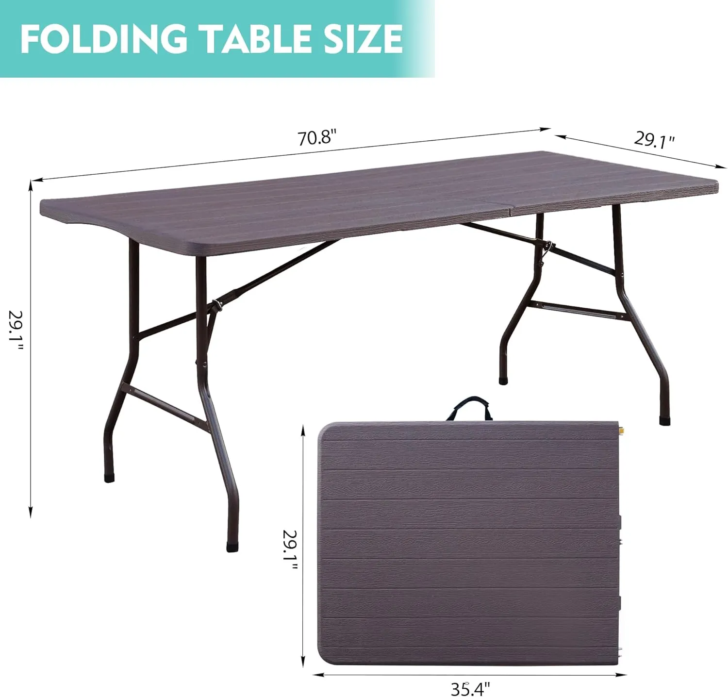 Foldable Table, Plastic 6FT Folding Table, Indoor Outdoor Protable Utility Table with Handle for Party, Camping and Picnic, Brown