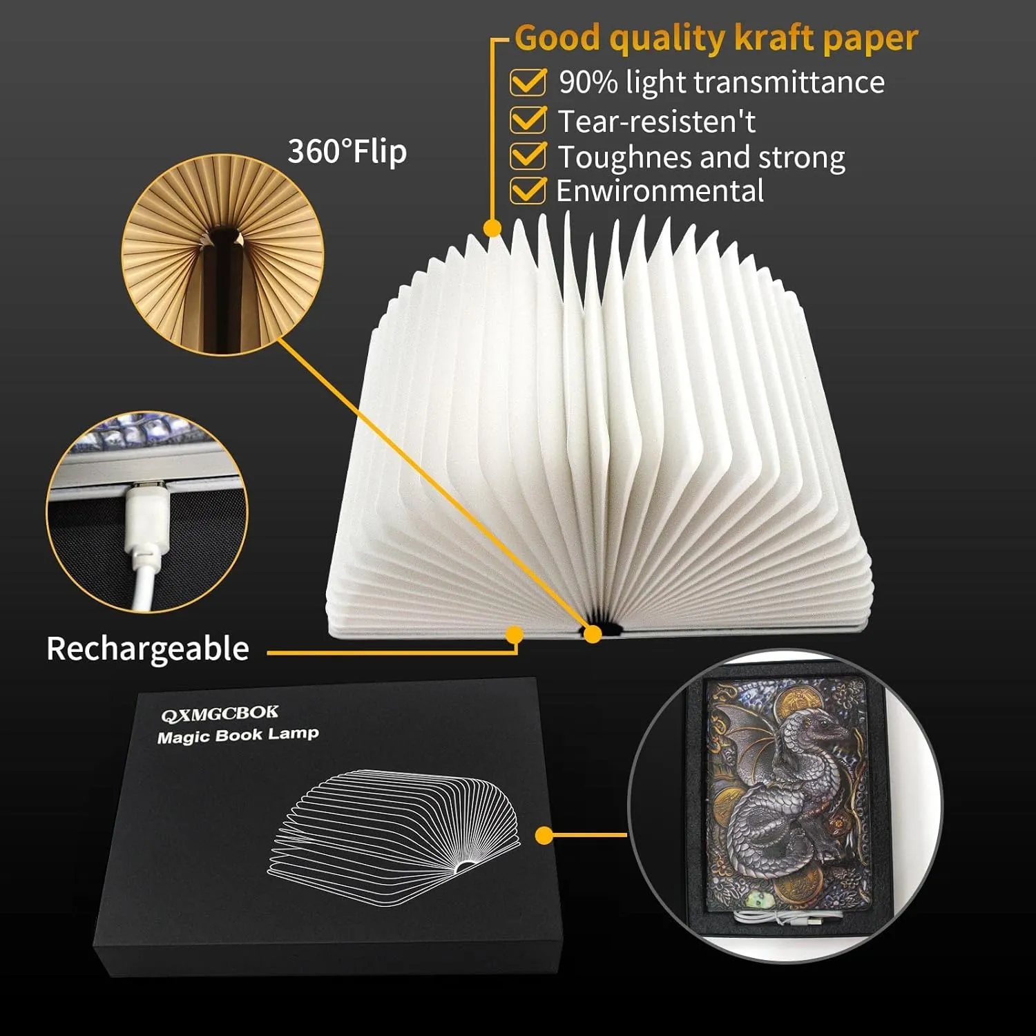 Folding Book Lamp Dragon Night Light, Portable Bedside Light (3 Colors) - Gift for Readers & Teens