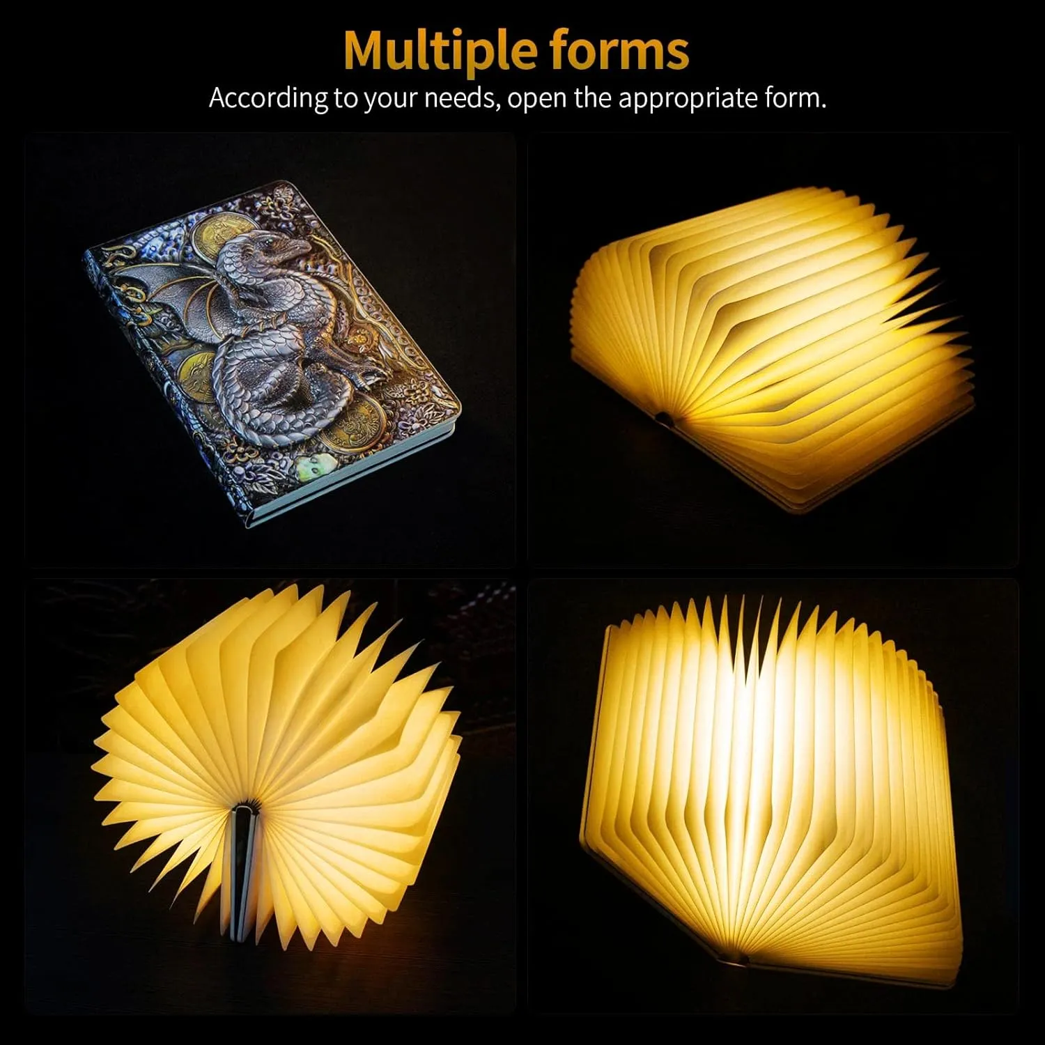 Folding Book Lamp Dragon Night Light, Portable Bedside Light (3 Colors) - Gift for Readers & Teens
