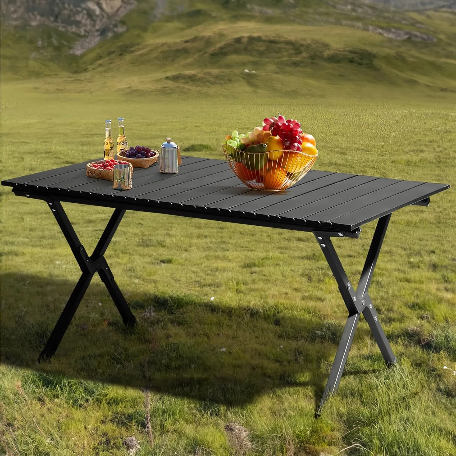 Folding Camping Table, Roll Up Beach Tables for Sand Foldable for 2-6 Persons, Small Card Desk Lightweight with Carry Bag, Portable Picnic Desks for Outdoors, BBQ, Easy to Set Up ,34 x 24 x 16.5 inch
