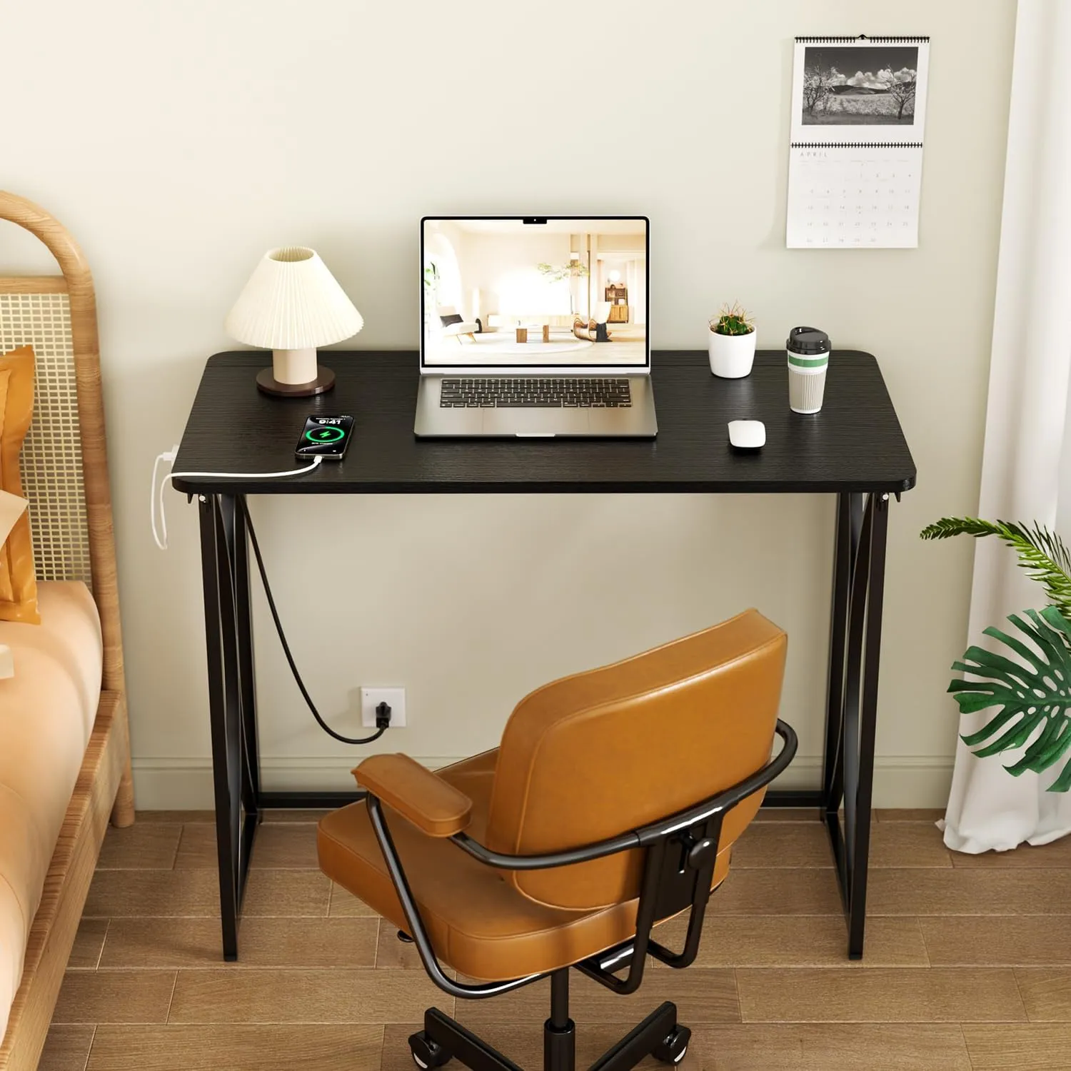 Folding Desk, 31.5" Small Desk for Bedroom with Power Outlet, Space Saving Foldable Computer Desk for Home Office, Easy Assembly, Black