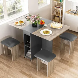 Folding Dining Table Set for 4, Dinner Table with 4 Leather Chairs and Shelves, Space Saving Foldable Dining Table with 6 Wheels, Kitchen Table for Small Spaces (Grey)