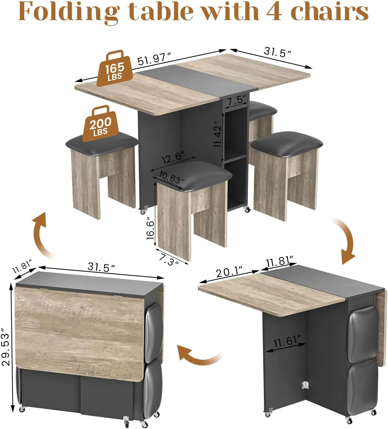 Folding Dining Table Set for 4, Dinner Table with 4 Leather Chairs and Shelves, Space Saving Foldable Dining Table with 6 Wheels, Kitchen Table for Small Spaces (Grey)