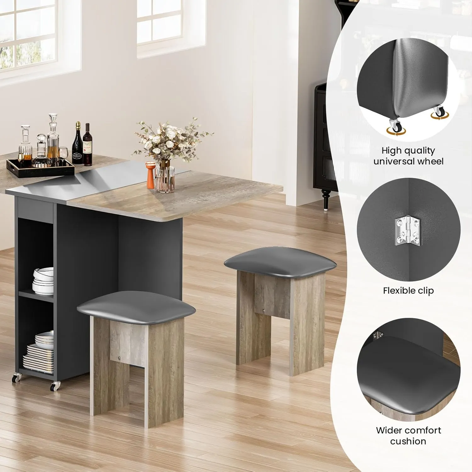 Folding Dining Table Set for 4, Dinner Table with 4 Leather Chairs and Shelves, Space Saving Foldable Dining Table with 6 Wheels, Kitchen Table for Small Spaces (Grey)