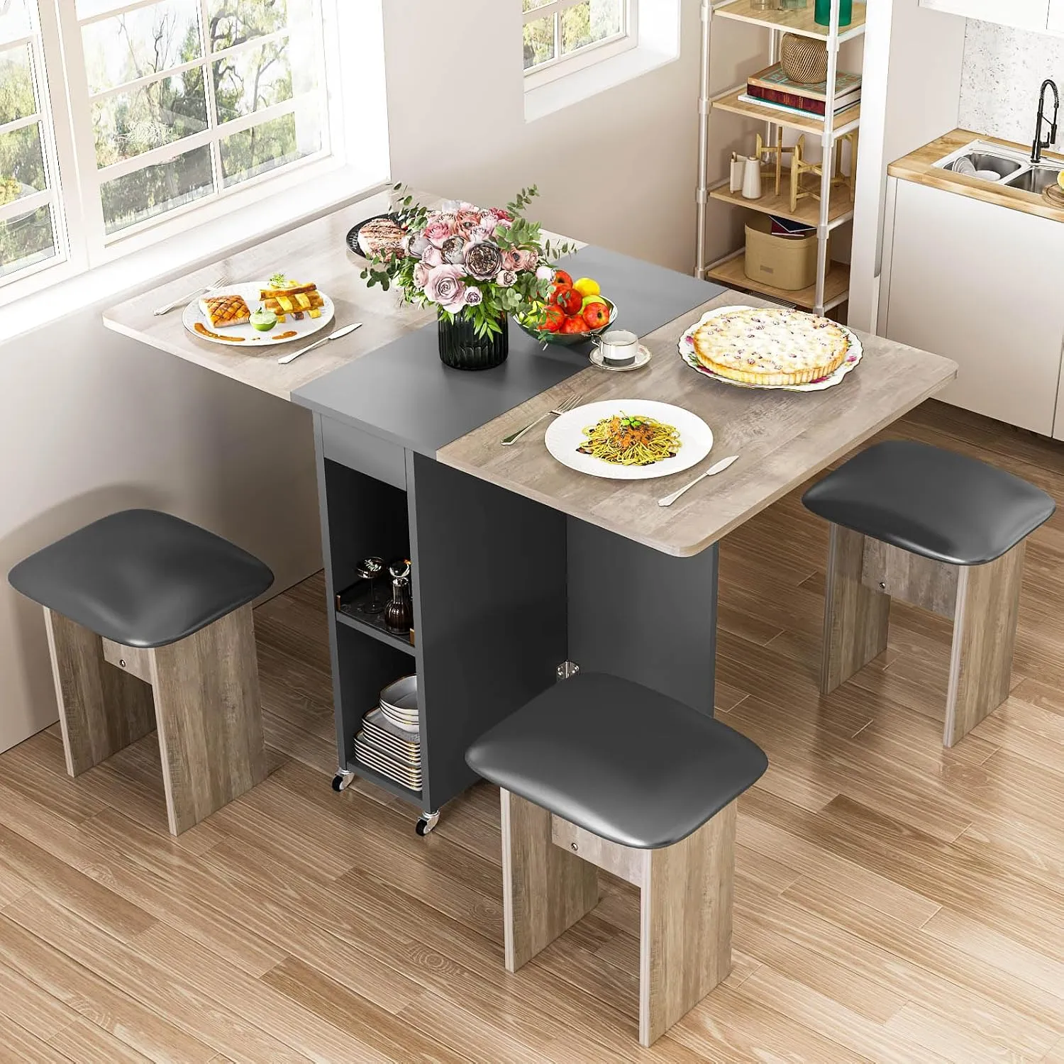 Folding Dining Table Set for 4, Dinner Table with 4 Leather Chairs and Shelves, Space Saving Foldable Dining Table with 6 Wheels, Kitchen Table for Small Spaces (Grey)