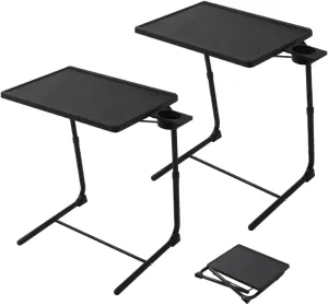Folding TV Tray Table, Small Bedside Sofa Dinner Table with Cup Holder, TV Trays Set of 2, Adjustable 6 Height & 3 Tilt Angle (Black - 2 pcs)