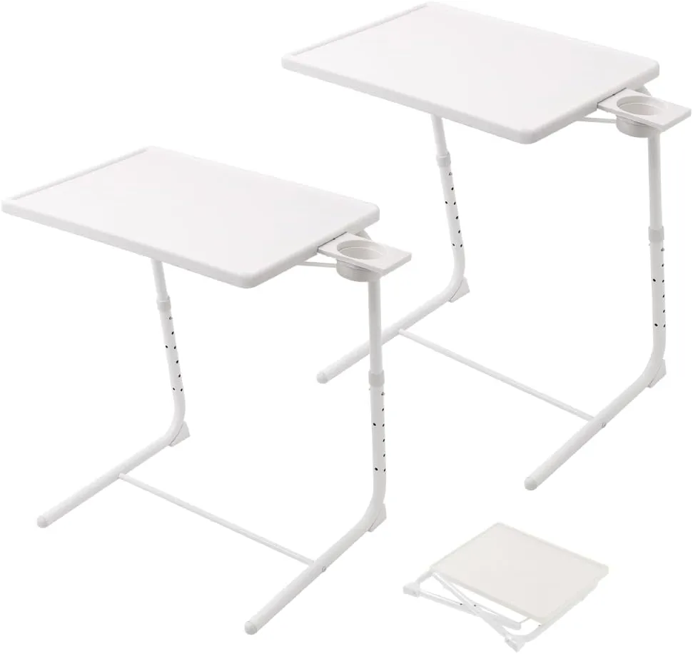 Folding TV Tray Table, Small Bedside Sofa Dinner Table with Cup Holder, TV Trays Set of 2, Adjustable 6 Height & 3 Tilt Angle (White - 2 pcs)