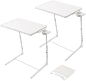 Folding TV Tray Table, Small Bedside Sofa Dinner Table with Cup Holder, TV Trays Set of 2, Adjustable 6 Height & 3 Tilt Angle (White - 2 pcs)