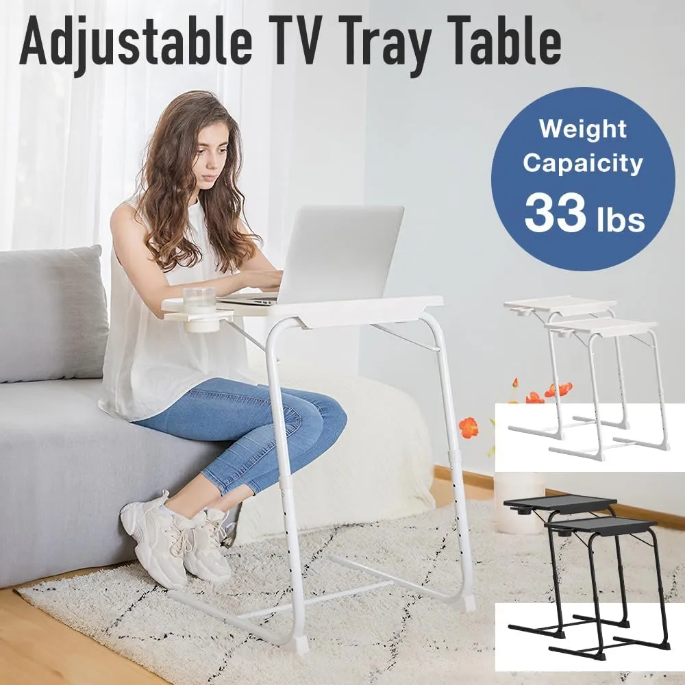 Folding TV Tray Table, Small Folding Bedside Dinner Table with Cup Holder, TV Trays Set of 2, Adjustable 6 Height & 3 Tilt Angle (Black - 2 pcs)