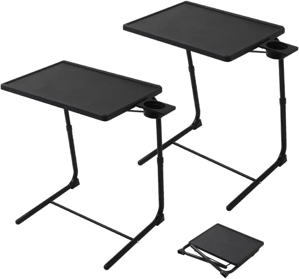 Folding TV Tray Table, Small Folding Bedside Dinner Table with Cup Holder, TV Trays Set of 2, Adjustable 6 Height & 3 Tilt Angle (Black - 2 pcs)