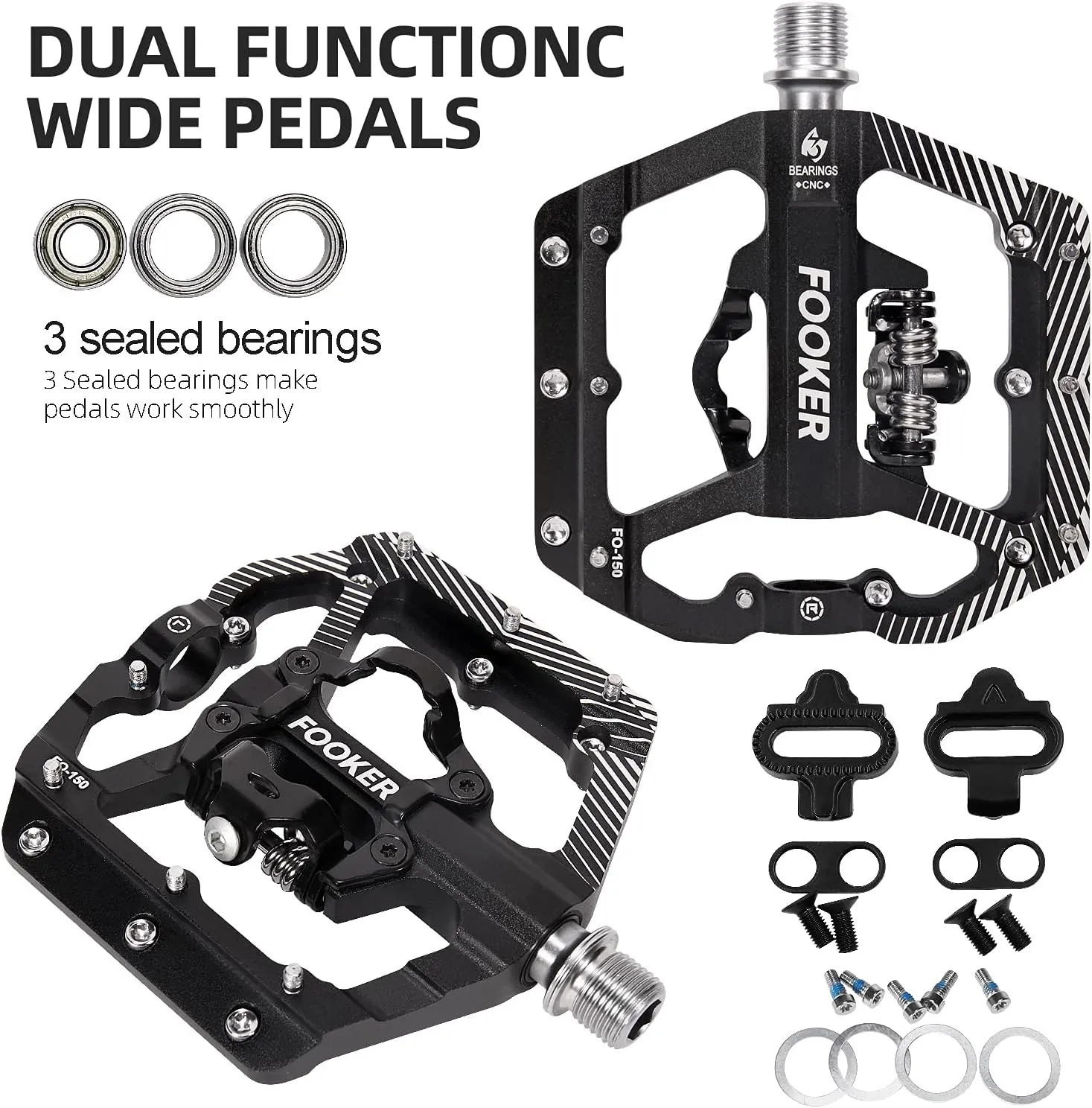 FOOKER MTB Mountain Bike Pedals 3 Bearing Flat Platform Compatible with Dual Function Sealed Clipless Aluminum 9/16" Pedals with Cleats for Road