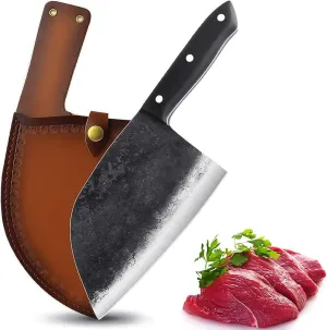 Forging Serbian Chef Knife Kitchen Chef Knives Full Tang High Carbon Clad Steel Almasi Butcher Cleaver with Leather Sheath Thanksgiving Christmas Gifts (B-Almasi Knife)
