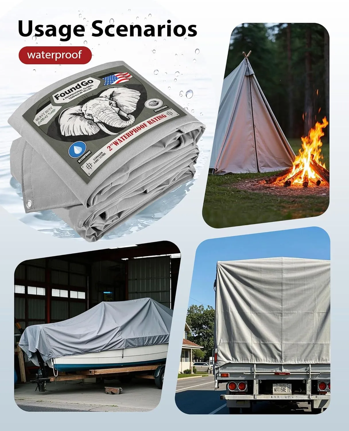 FoundGo Canvas Tarp 6x8ft Heavy Duty Waterproof Tarps with Grommets, UV Resistant, 22 Mil Tarpaulin,14 oz Durable Cloth Covers for Car, Roof, Boat, Camp, Canopy, Woodpile with Ropes-Grey