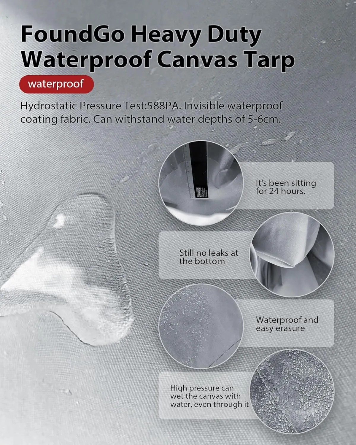 FoundGo Canvas Tarp 6x8ft Heavy Duty Waterproof Tarps with Grommets, UV Resistant, 22 Mil Tarpaulin,14 oz Durable Cloth Covers for Car, Roof, Boat, Camp, Canopy, Woodpile with Ropes-Grey