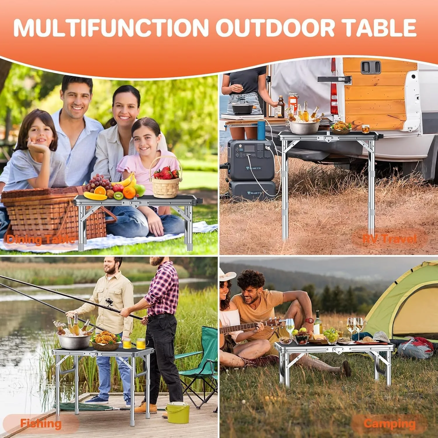 FUNYKICH 2ft Small Folding Camping Table, 3 Height Adjustable Portable Picnic Table, Lightweight Aluminum Outdoor Tables with Carry Handle for Camping, Picnic, BBQ, 58x40cm(L22.8 xW15.7), Silver