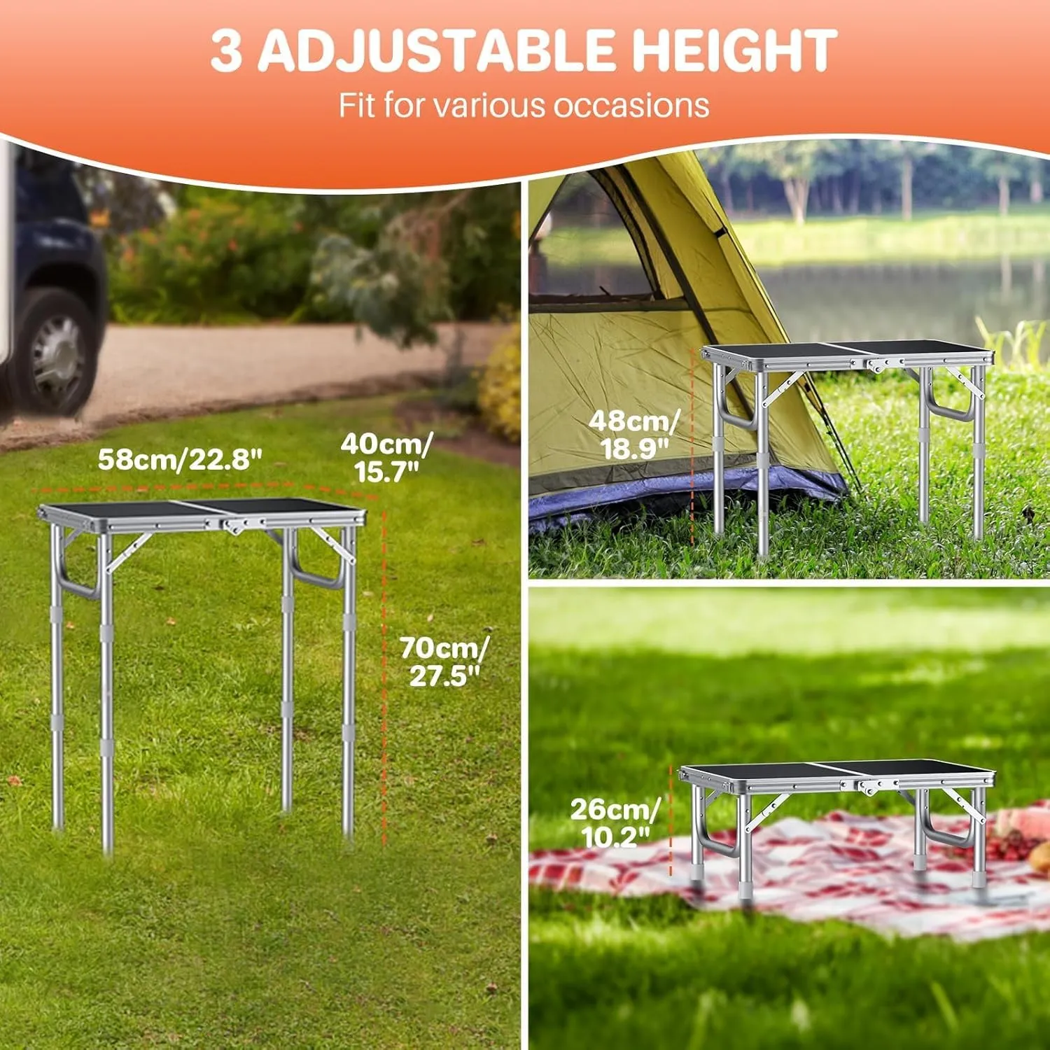 FUNYKICH 2ft Small Folding Camping Table, 3 Height Adjustable Portable Picnic Table, Lightweight Aluminum Outdoor Tables with Carry Handle for Camping, Picnic, BBQ, 58x40cm(L22.8 xW15.7), Silver