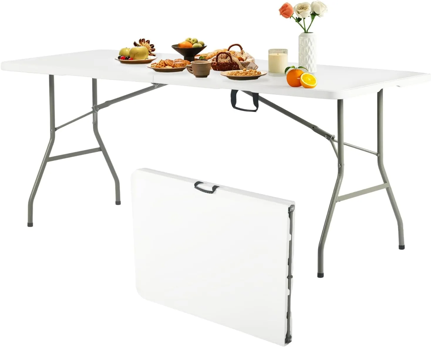 FurnitureR 6FT Folding Table, 72-Inch Plastic Portable Utility Table with Carry Handle, Rectangular Fold-in-Half Table with Metal Legs for Indoor & Outdoor, No Assembly Required, White