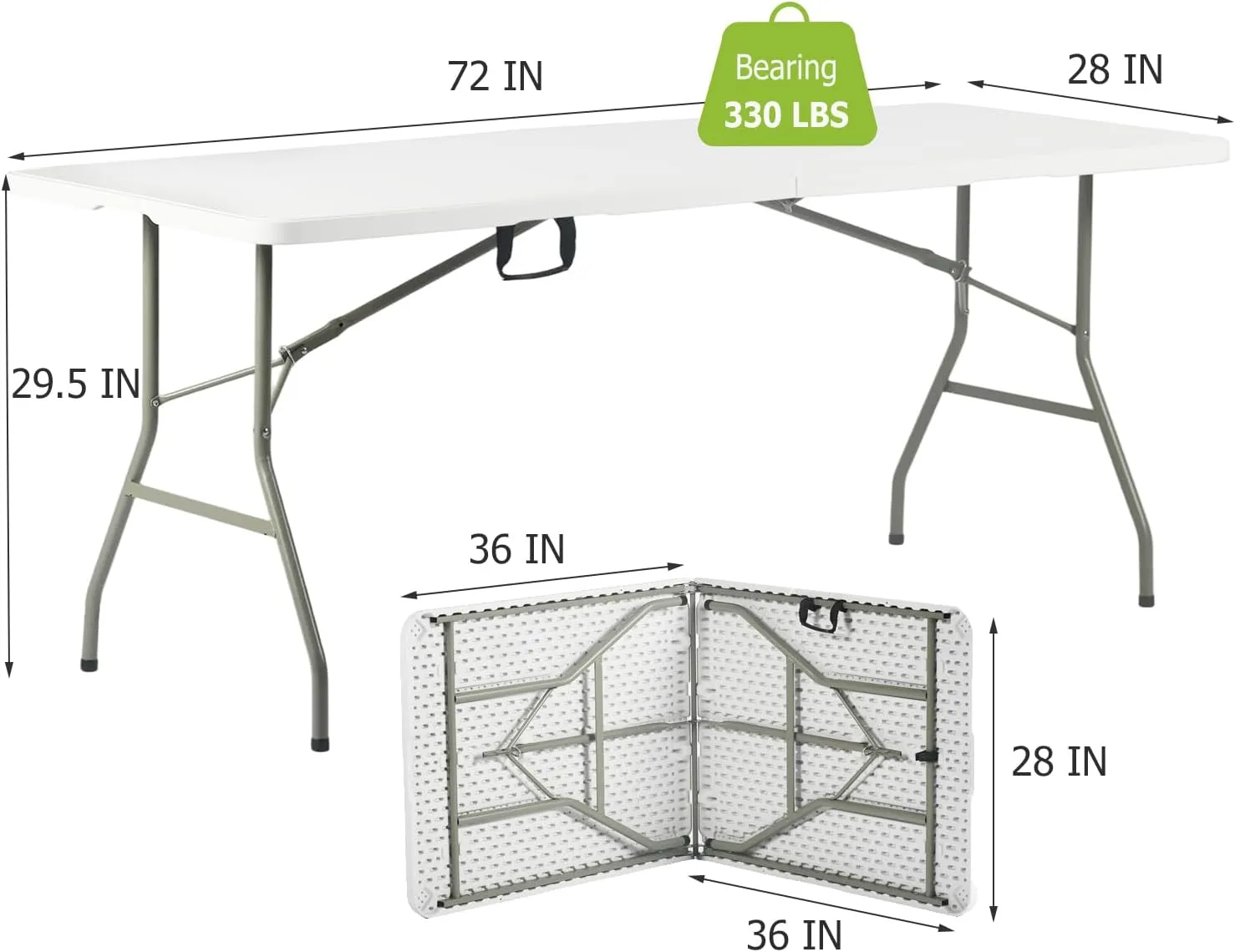 FurnitureR 6FT Folding Table, 72-Inch Plastic Portable Utility Table with Carry Handle, Rectangular Fold-in-Half Table with Metal Legs for Indoor & Outdoor, No Assembly Required, White
