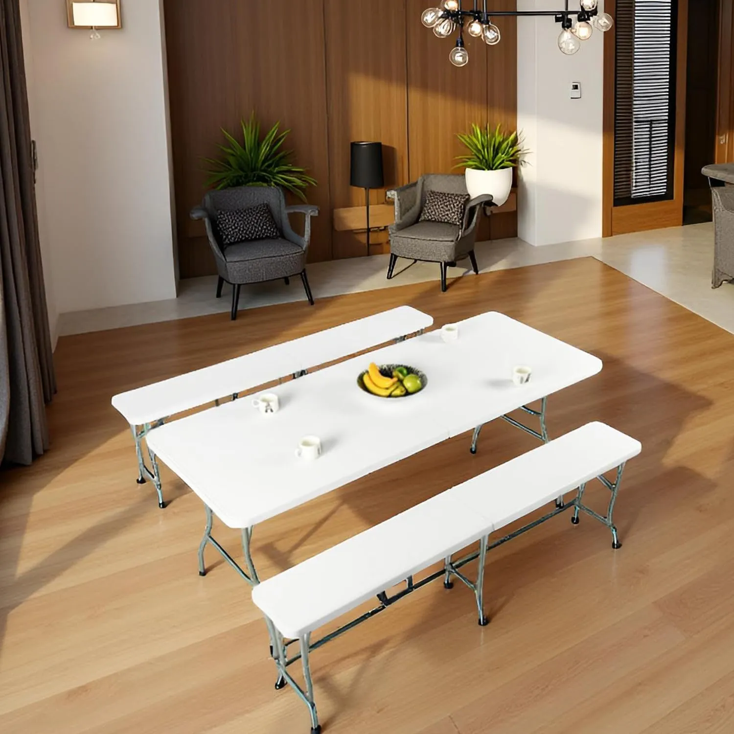 FurnitureR 6FT Folding Table, 72-Inch Plastic Portable Utility Table with Carry Handle, Rectangular Fold-in-Half Table with Metal Legs for Indoor & Outdoor, No Assembly Required, White