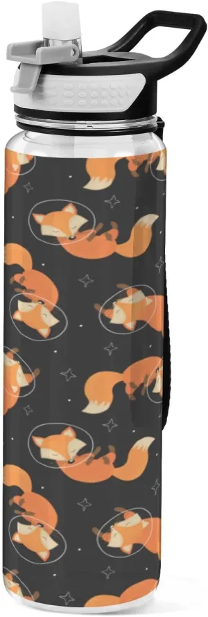 Fustylead Fox in Space Tritan Water Bottle with Straw and Lids, 32 oz Reusable BPA Free Sport Water Bottle for Gym Camping Hiking Travel