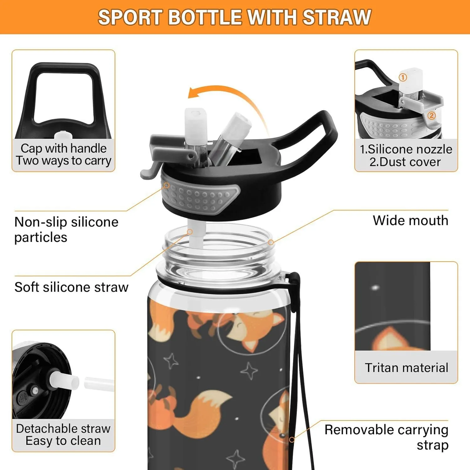 Fustylead Fox in Space Tritan Water Bottle with Straw and Lids, 32 oz Reusable BPA Free Sport Water Bottle for Gym Camping Hiking Travel