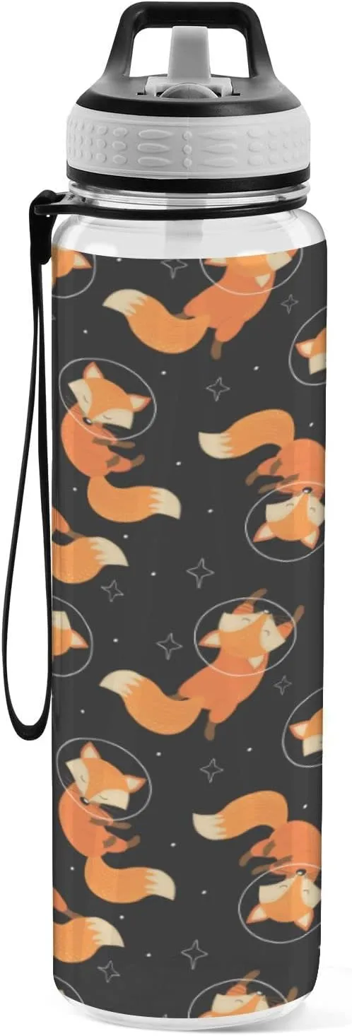 Fustylead Fox in Space Tritan Water Bottle with Straw and Lids, 32 oz Reusable BPA Free Sport Water Bottle for Gym Camping Hiking Travel