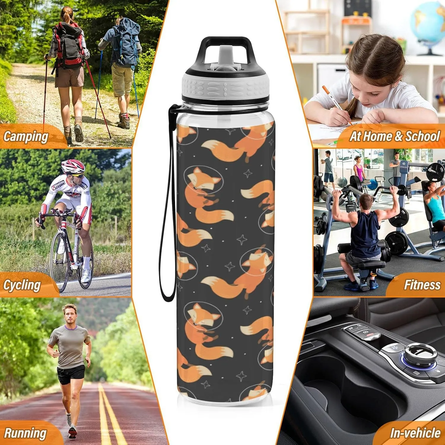 Fustylead Fox in Space Tritan Water Bottle with Straw and Lids, 32 oz Reusable BPA Free Sport Water Bottle for Gym Camping Hiking Travel