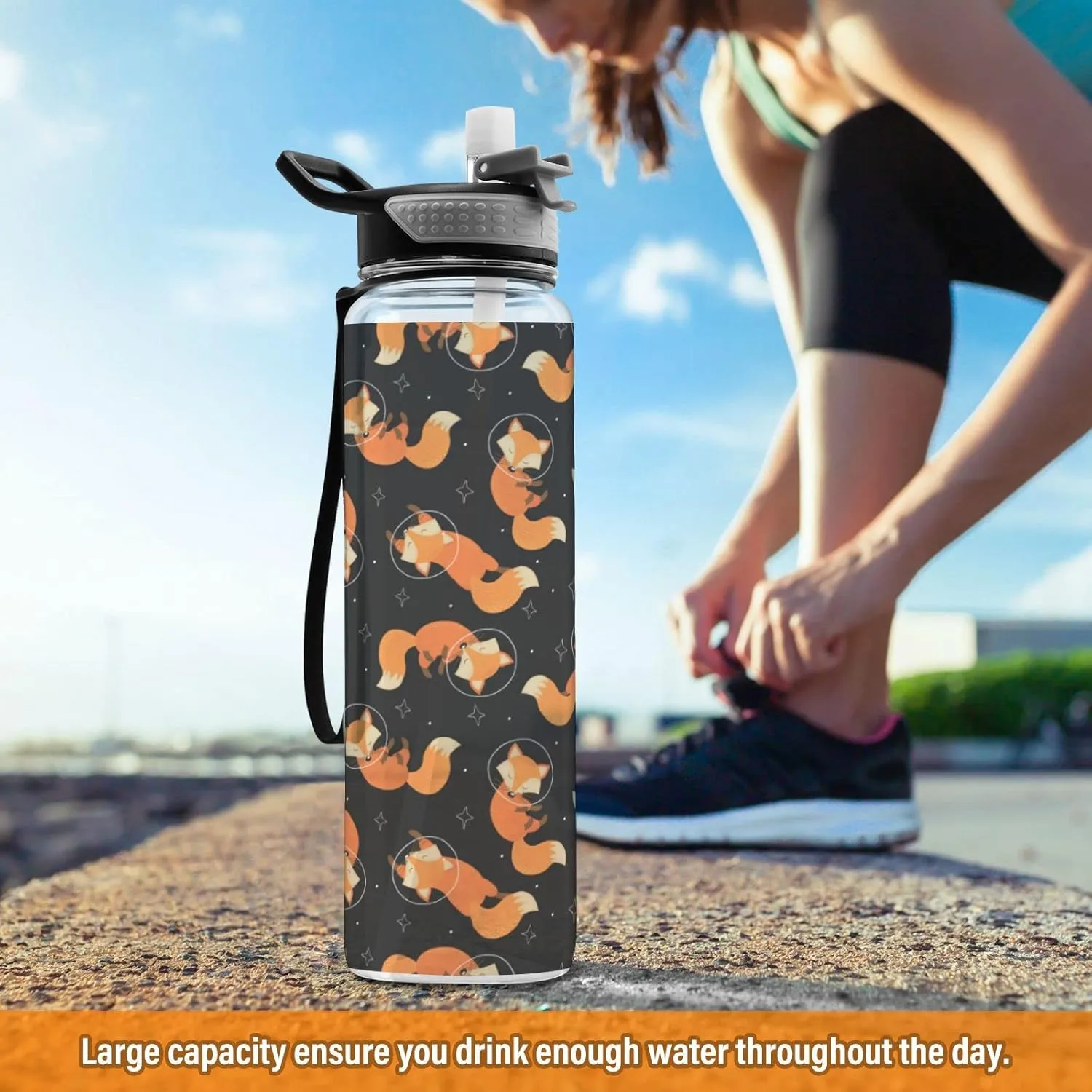 Fustylead Fox in Space Tritan Water Bottle with Straw and Lids, 32 oz Reusable BPA Free Sport Water Bottle for Gym Camping Hiking Travel