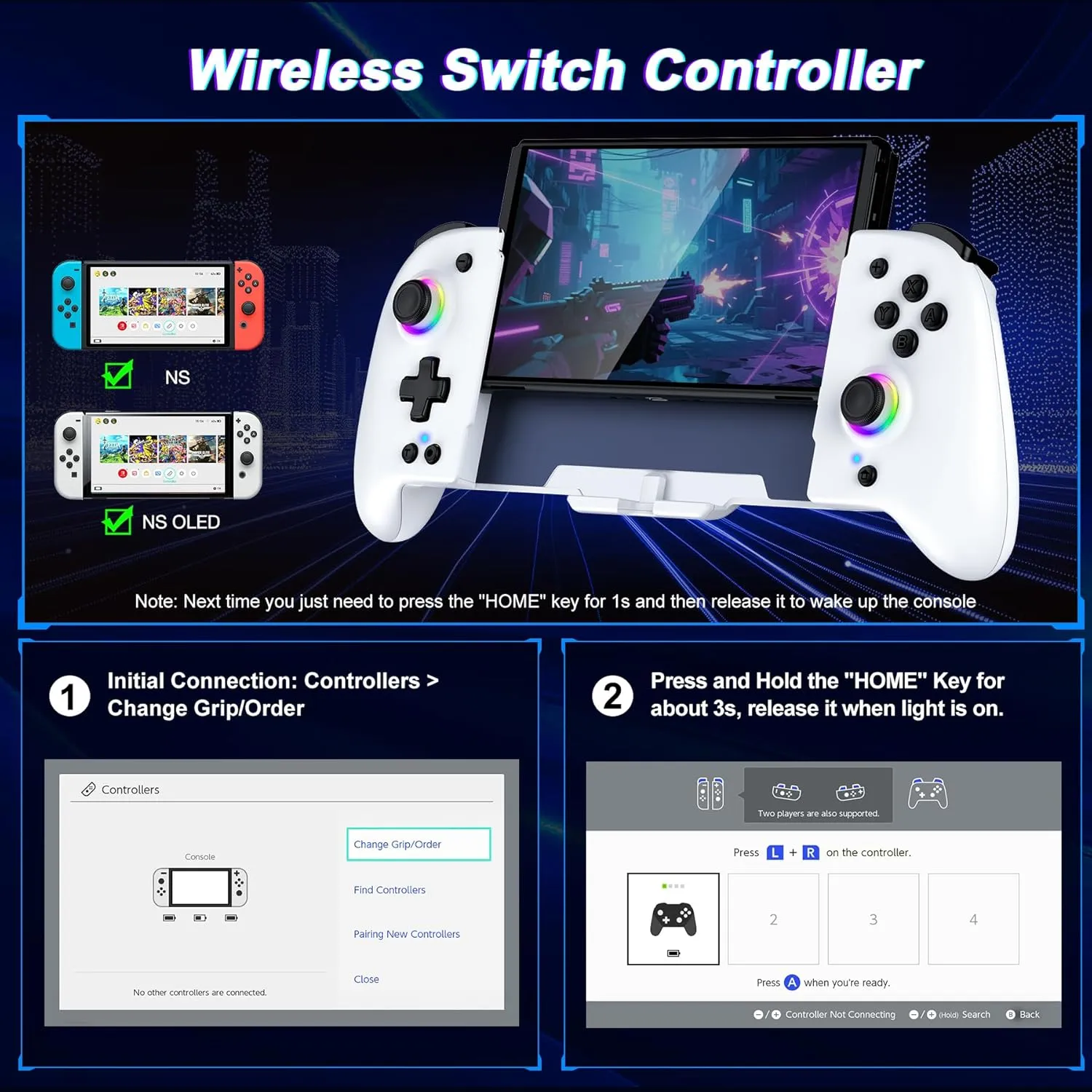 Gammeefy Switch Joypad Controller for Nintendo Switch/OLED, One-Piece Ergonomic Switch Controller With 9 Lights Color, Wireless Switch Remote for Those Who Prefer Handheld Mode