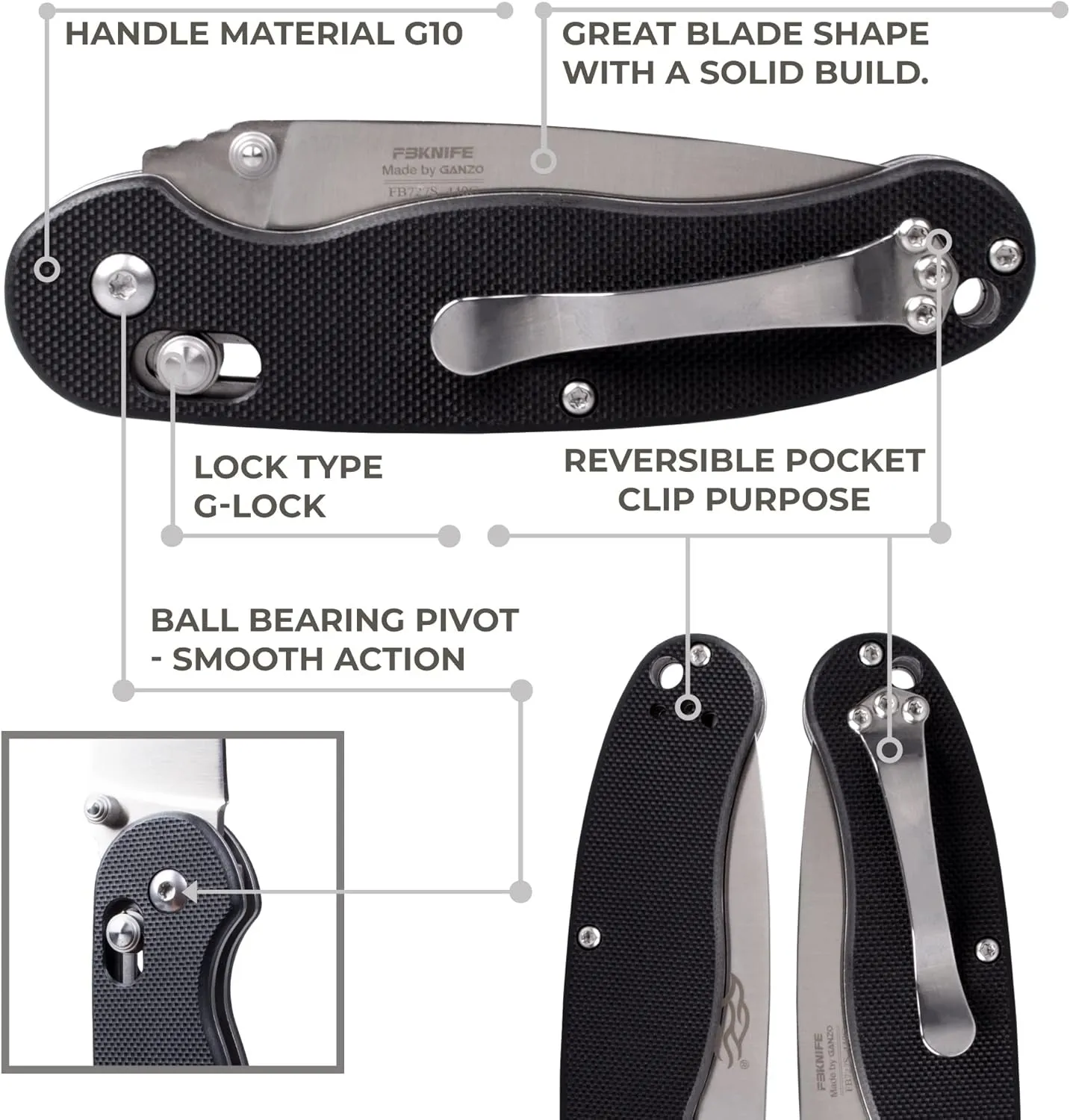GANZO Firebird FB727S-BK Folding Pocket Knife 440C Stainless Steel Blade G10 Handle with Clip Hunting Fishing Outdoor EDC Knife (Black)