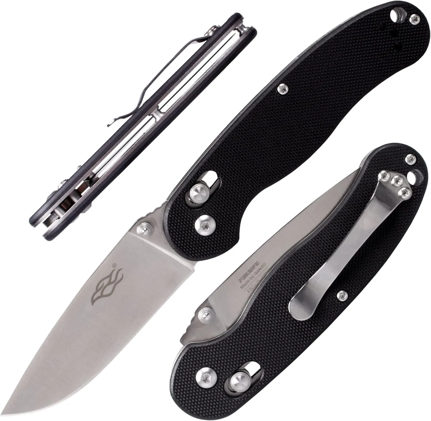 GANZO Firebird FB727S-BK Folding Pocket Knife 440C Stainless Steel Blade G10 Handle with Clip Hunting Fishing Outdoor EDC Knife (Black)