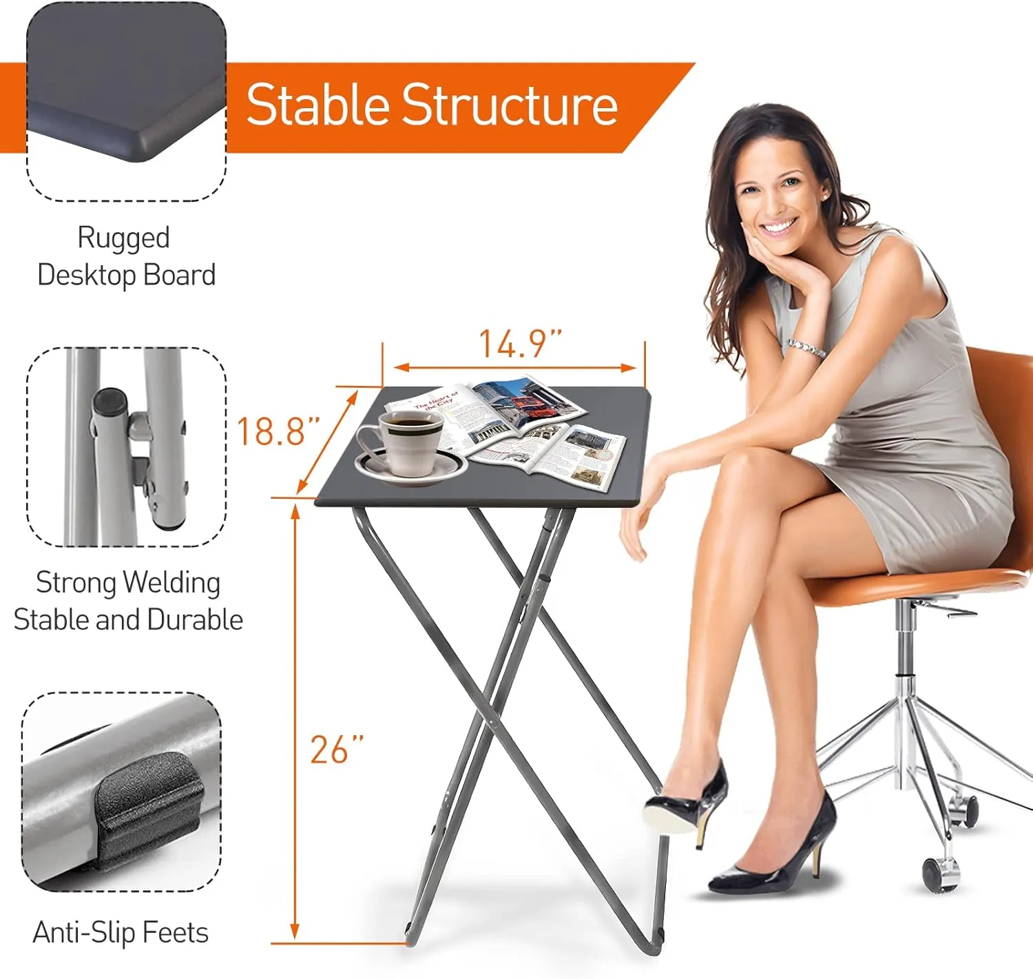Garden 4 you Folding TV Tray Table TV Dinner Trays Tables for Eating,Stable Tv Trays Table 25In, Folding Tray Side Table, Foldable Snack Tables for Bed & Sofa, 15 x 18.9 x 26 in (Grey,2PC)
