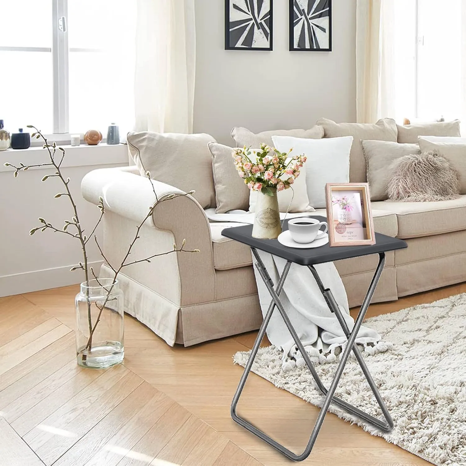 Garden 4 you Folding TV Tray Table TV Dinner Trays Tables for Eating,Stable Tv Trays Table 25In, Folding Tray Side Table, Foldable Snack Tables for Bed & Sofa, 15 x 18.9 x 26 in (Grey,2PC)